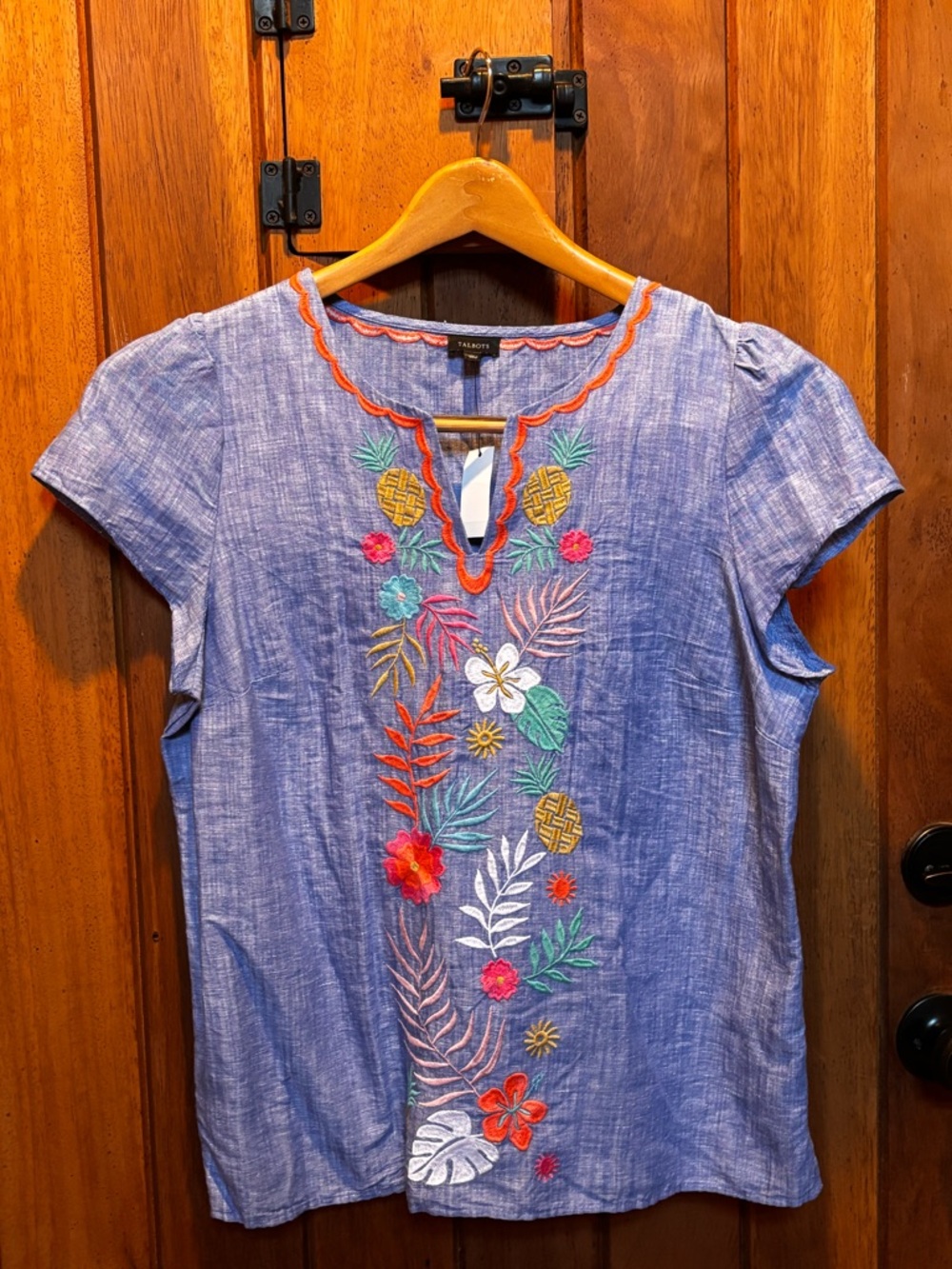 Talbots Chambray Blue Embroidered Floral Short-Sleeve Top